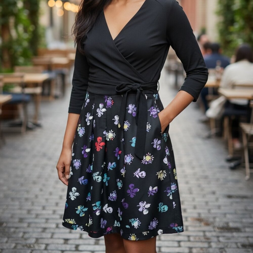 Diane Von Furstenberg Flattering Dressy Black/Floral Jewel Wrap Dress (Size 14)